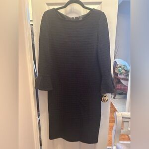 St John Textured Knit Black Dress w/Bateau Neck,Bell Sleeve &Back Zipper.Size 10